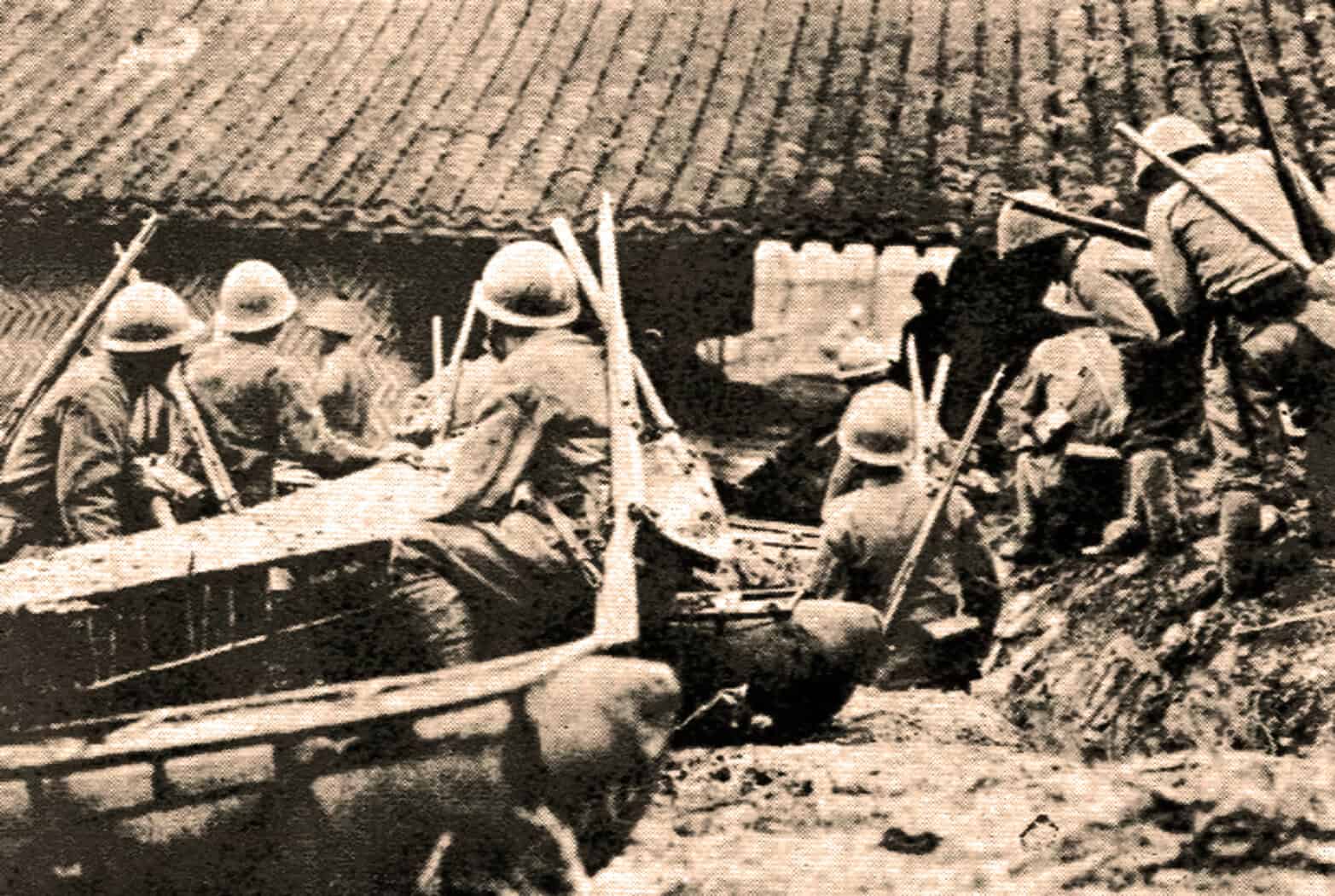 Soldiers during wartime using a makeshift wooden boat for transportation or combat, capturing a historical military scene.
