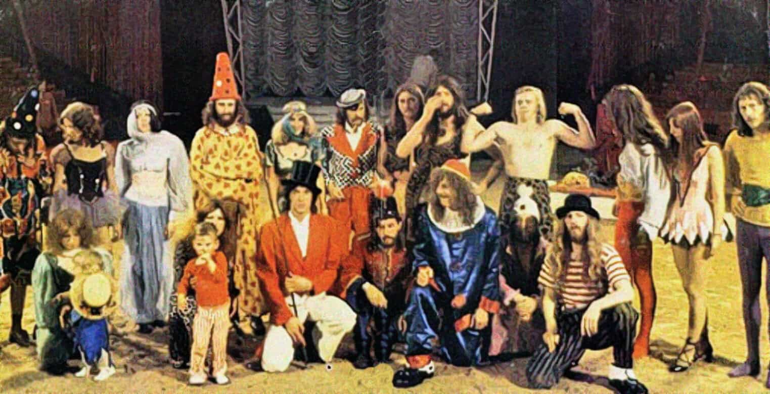 Clown performers and circus entertainers in colorful costumes and face paint at a vintage event, showcasing a nostalgic era of live entertainment and performance art.