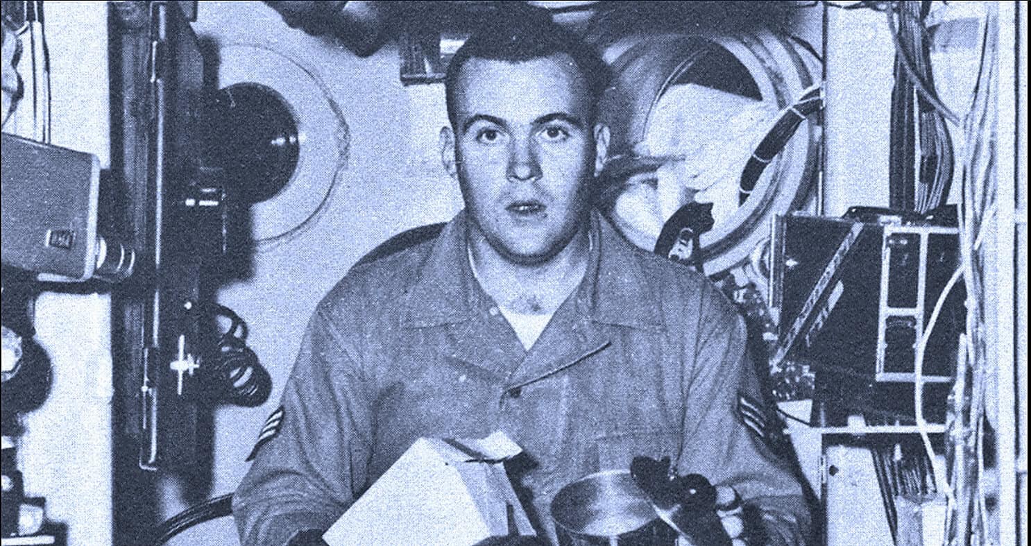 Historical radio technician working with vintage broadcasting equipment, sound archive of news and music, mid-20th century technology, vintage radio station, past daily archive relevance.