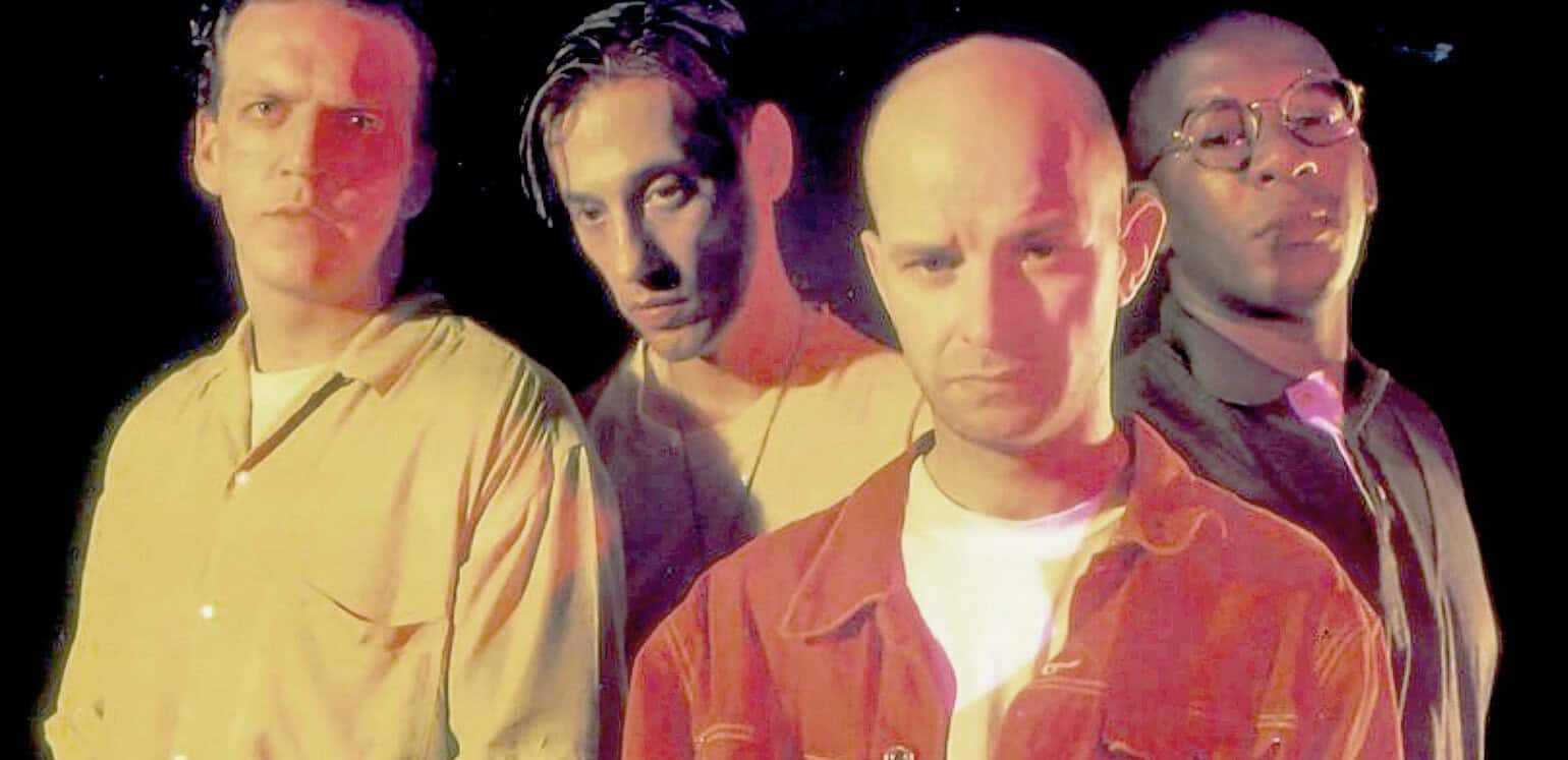 Vintage band portrait of four diverse rock musicians, showcasing their unique styles and expressions, emphasizing music history and cultural impact.