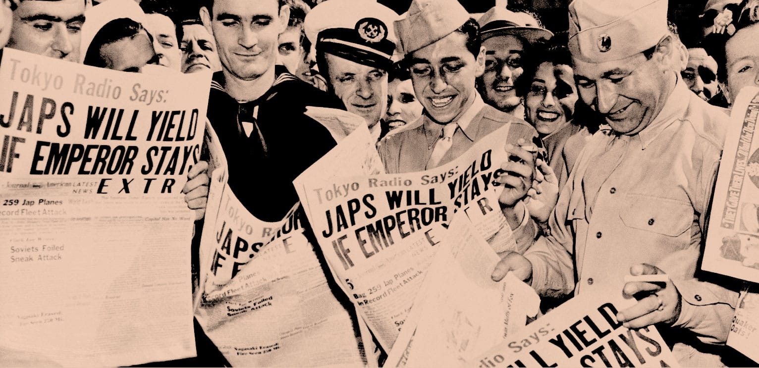 Japan news protest, WWII era, historical archival photo, soldiers holding newspapers, Tokyo Radio headlines about Japan’s stance during wartime, vintage black and white imagery, news archive of historical events, Past Daily collection.