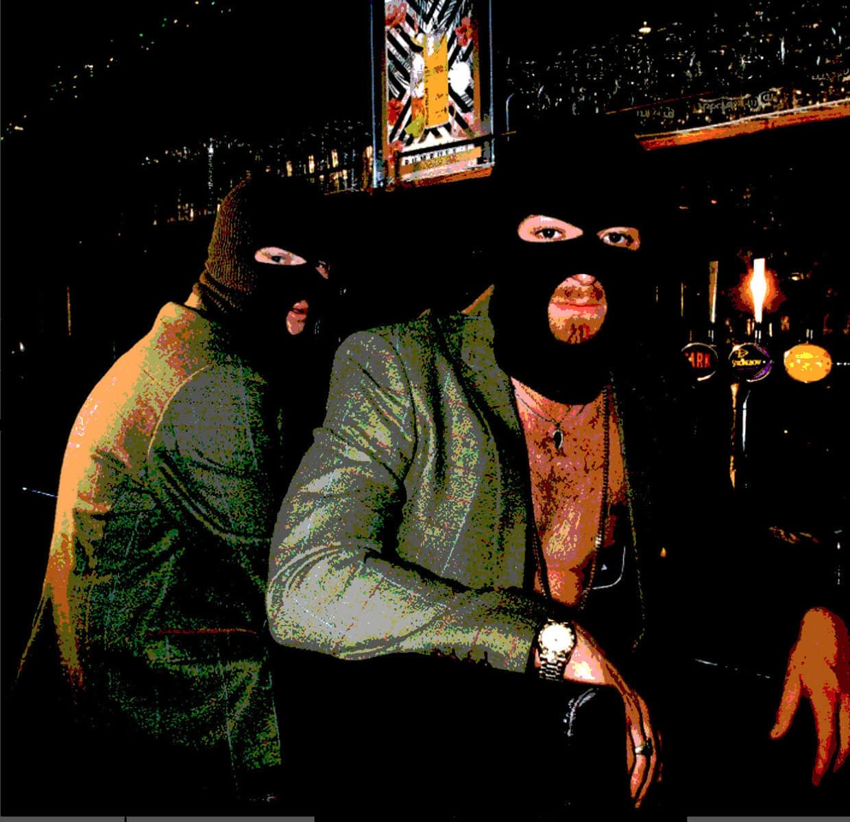 Masked individuals in a dimly lit bar, dressed in stylish attire, representing themes of nightlife, music, and mystery, aligned with historical sound archives and cultural media.