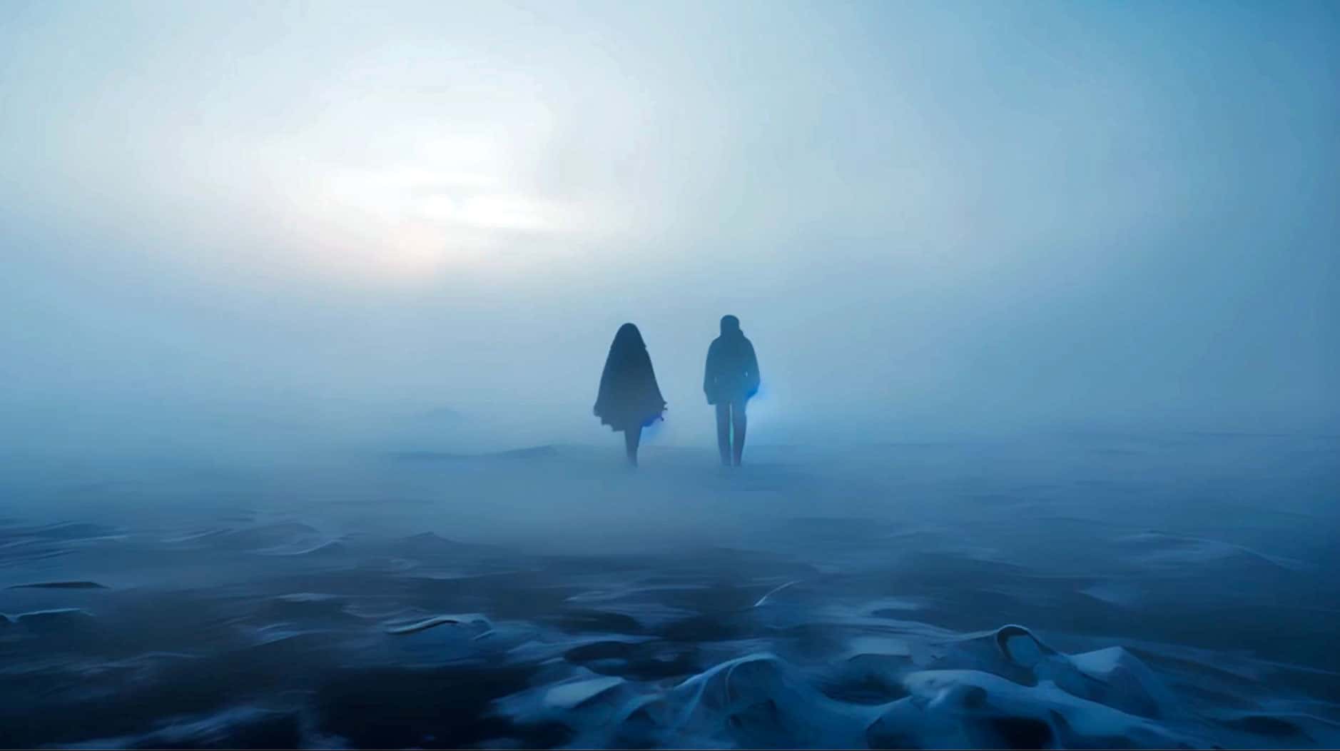 Mystery couple walking through foggy ocean scene representing sound archive of news, history, and music from Past Daily.