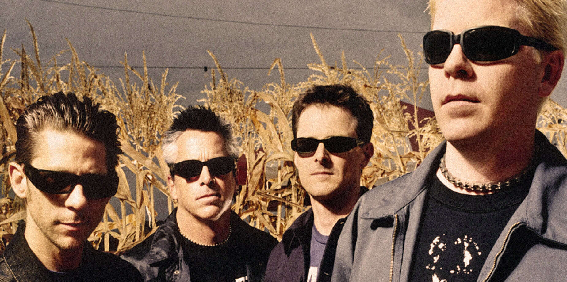 Photo of a rock band wearing black sunglasses in a cornfield, emphasizing music history and iconic 90s alternative rock culture.