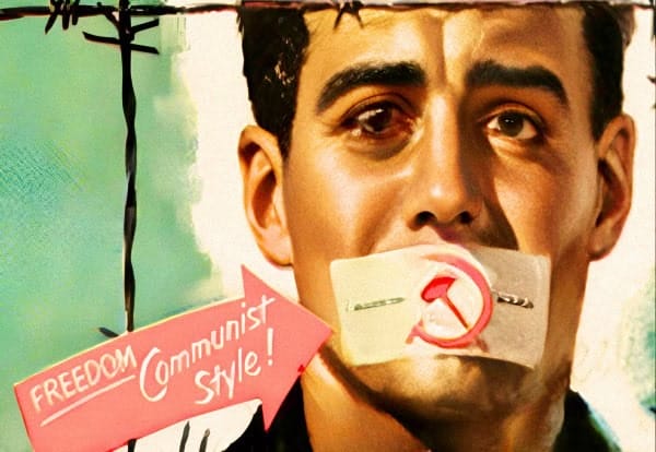 Oppressed man with gag tape and protest signs symbolizing freedom and anti-communist resistance, reflecting historical political protests and activism.