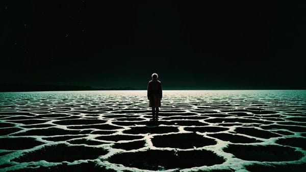 Lonely person standing on cracked desert surface under a starry night sky, symbolizing solitude and introspection.