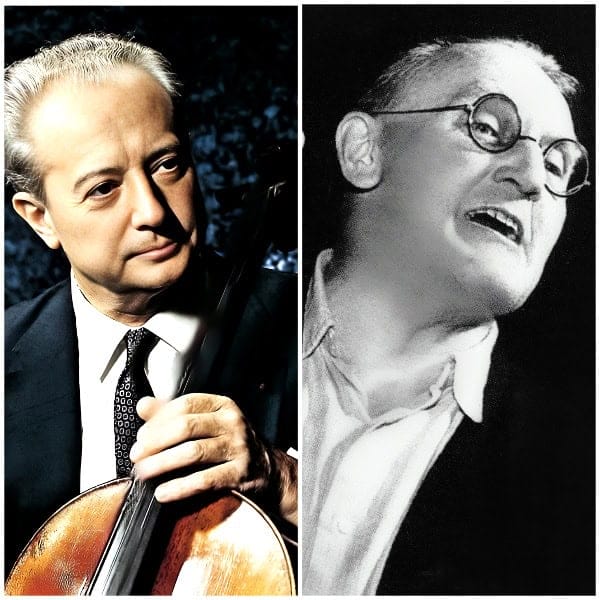 Classic musicians, Glenn Gould and Pablo Casals, performing with a focus on music, history, and cultural heritage. Iconic figures known for their contributions to classical music and sound archive collections.