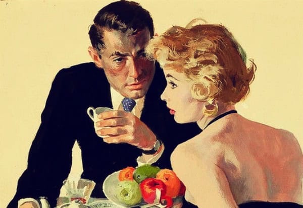 Tea time with a man and woman enjoying coffee and fresh fruit, representing a classic scene from mid-20th century art or advertising, emphasizing vintage lifestyle themes.