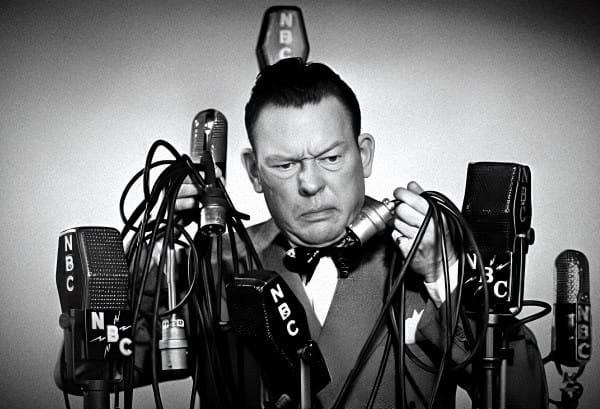 Microphone cluttered with wires at a vintage radio station, black and white, nostalgic radio broadcast equipment, historical sound archive, iconic broadcast from the past.