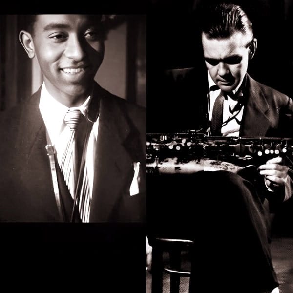 Young jazz musicians in vintage suits, one smiling and the other playing the saxophone, capturing the essence of historic music archives and retro jazz history.