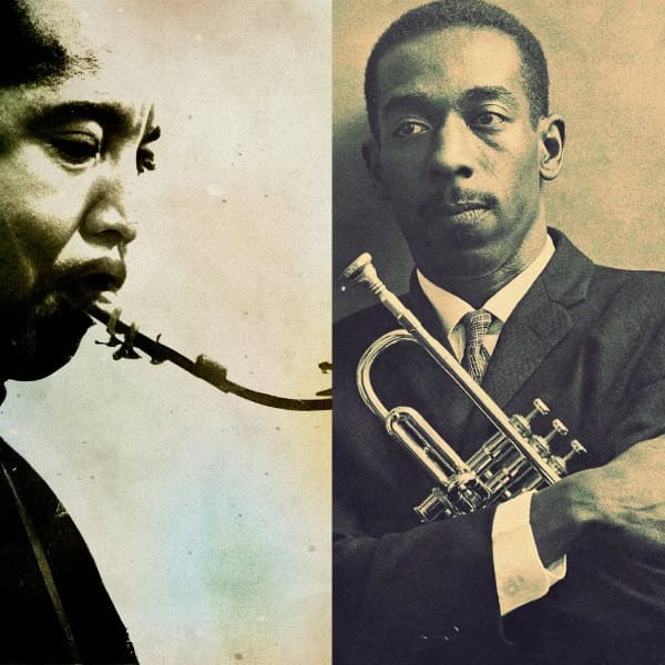 Blues-jazz musicians with trumpet, historical black-and-white photo, iconic jazz and blues artists, vintage music archive, Past Daily news and music history collection.
