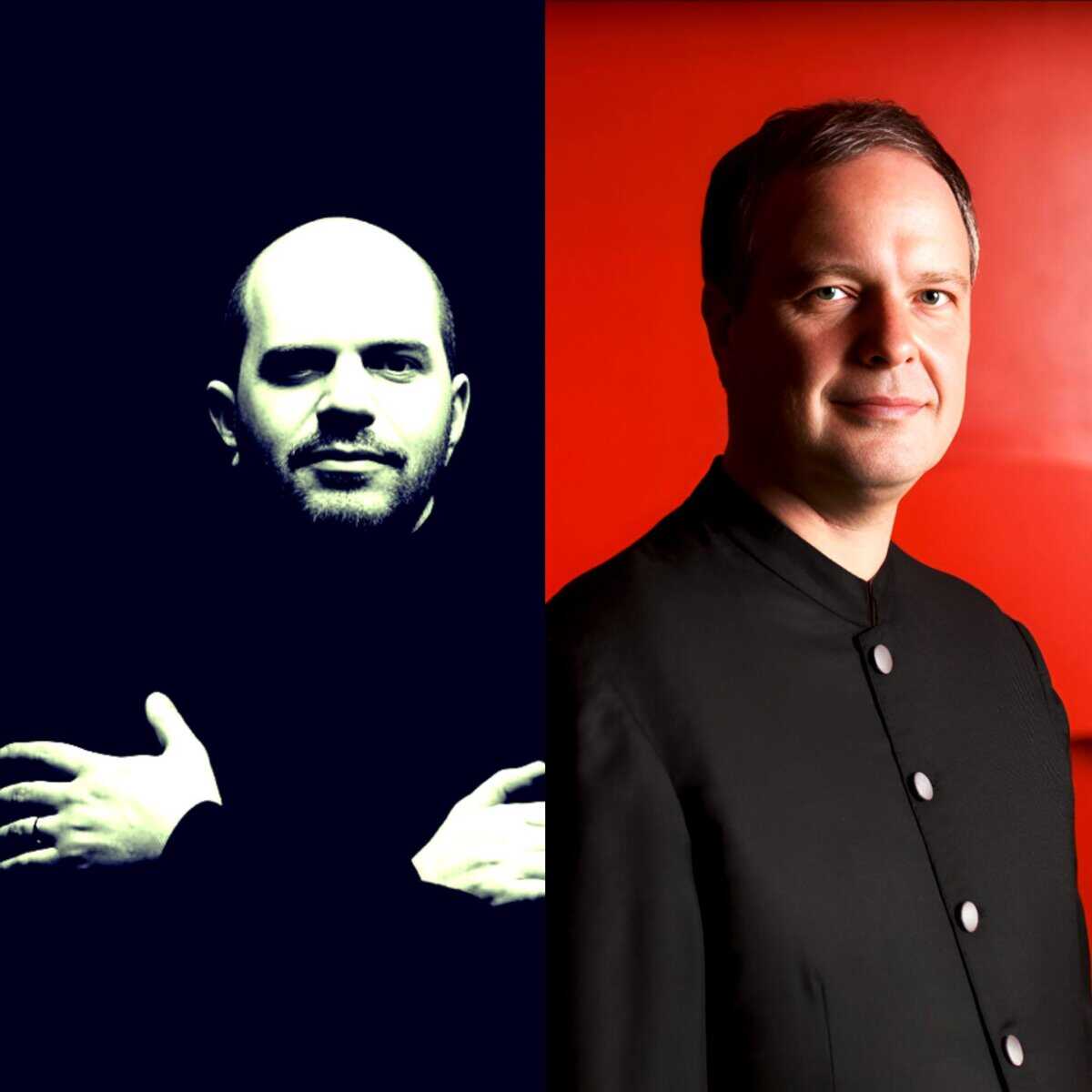 Portrait of two male musicians, one in black and white with a dark background, the other in color with a red background, emphasizing music and cultural history.