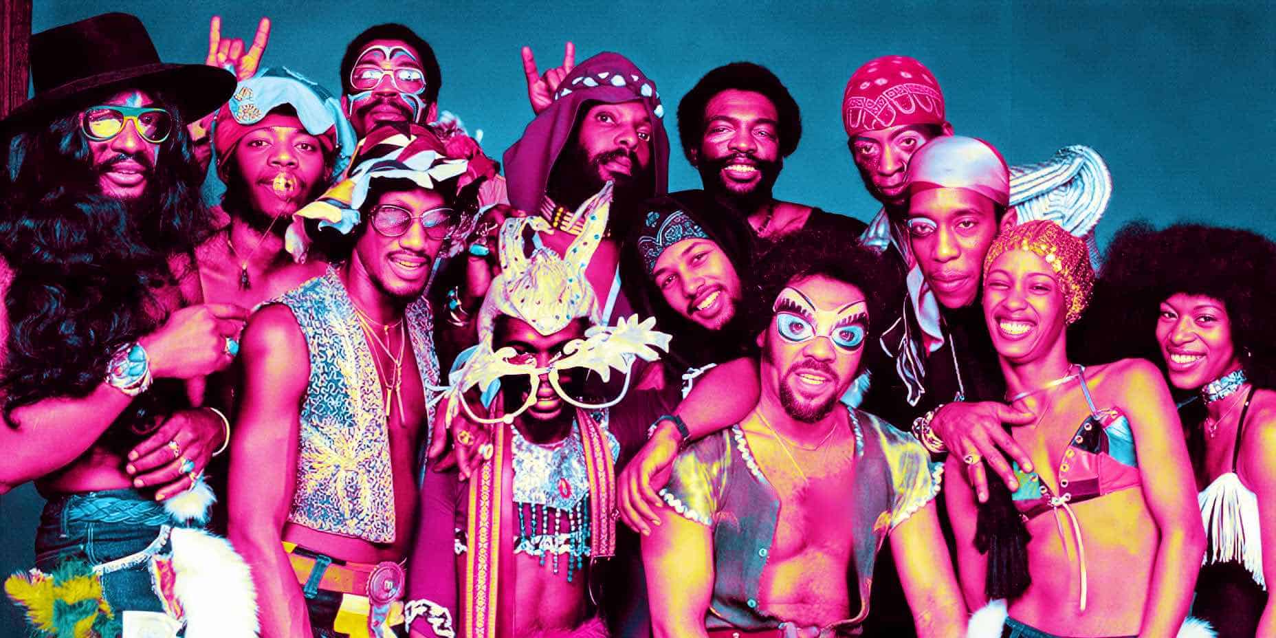Colorful psychedelic image of a group of people dressed in 1960s hippie and bohemian fashion styles, showcasing peace, love, and music culture, with vibrant colors and expressive accessories.