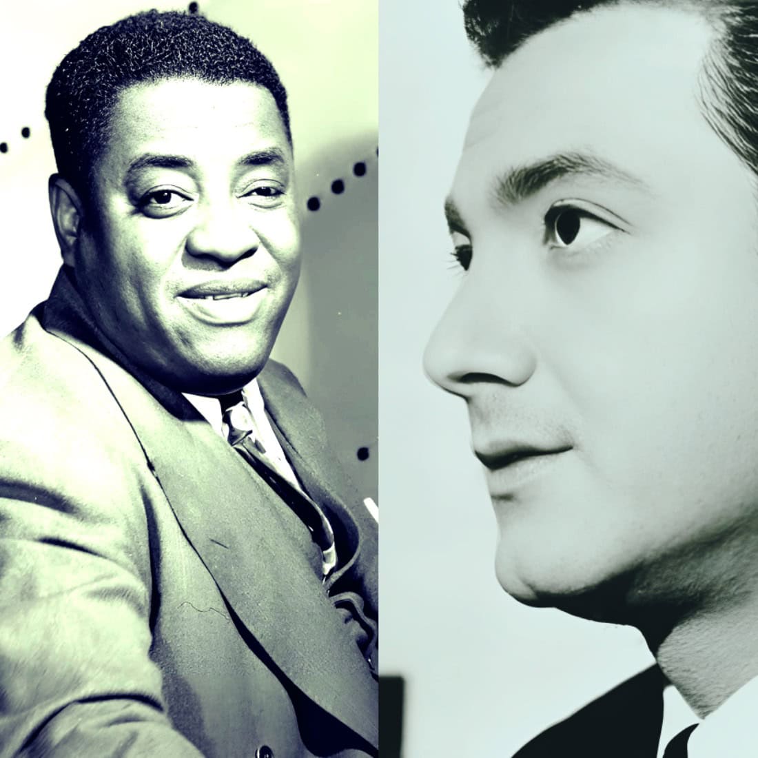 Portrait of two men, black and white, historical news archive, classic interview photos, audio news collection, vintage media, past daily sound archive, historical music and news imagery, archival sound recordings, media history and news preservation, image relevance to pastdaily.com.