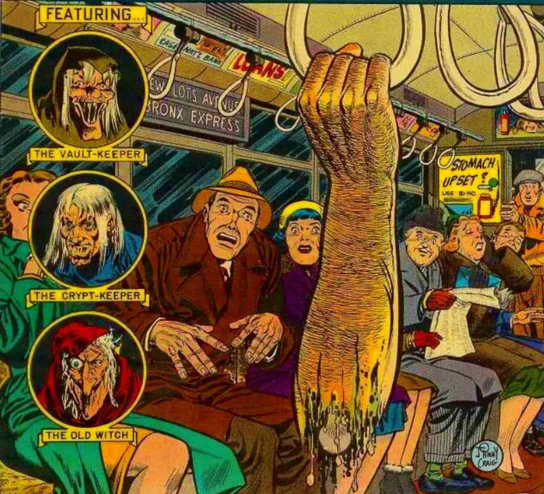 Vampire and zombie passengers on a subway train, featuring comic art style, horror themed characters, and spooky graffiti, illustration of horror characters, Halloween, and supernatural elements.