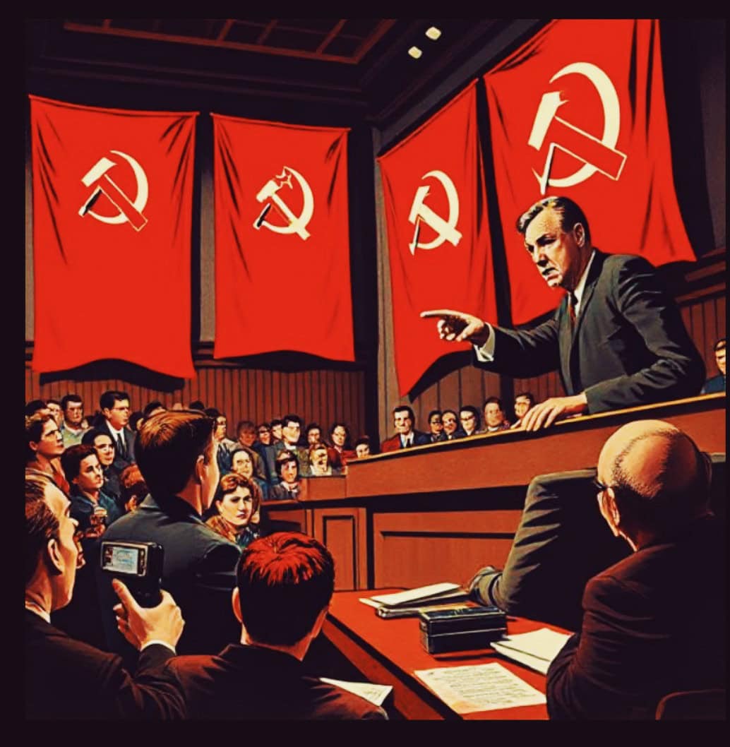 Red flags with hammer and sickle symbols, soviet propaganda, historical communist meeting, vintage political rally, Cold War era politics, aligned with past daily sound archive of news, history, music.