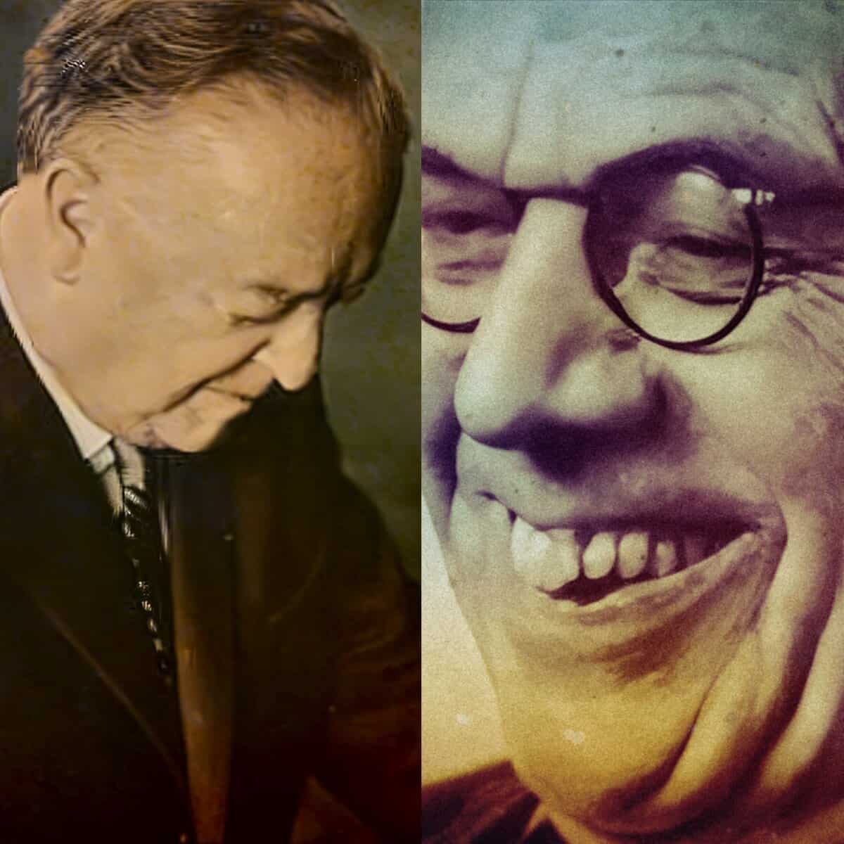 A nostalgic black-and-white image of a smiling elderly man and a joyful woman with glasses, capturing the warmth of music, history, and news archives from Past Daily.