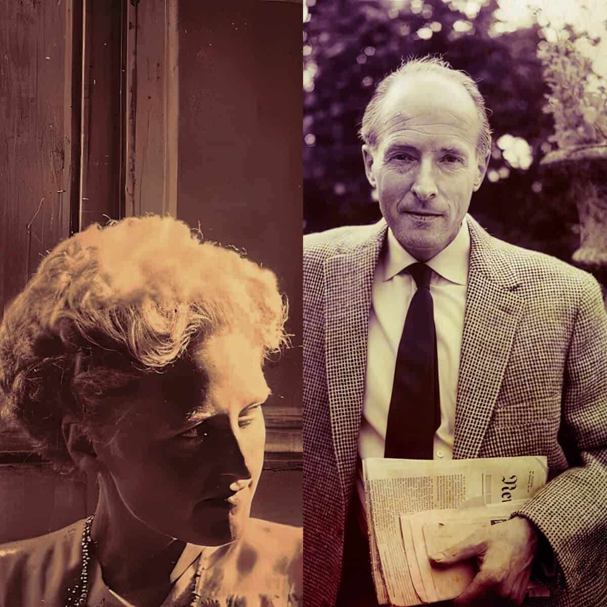 A vintage black-and-white photograph of a woman with styled hair, jewelry, and elegant attire, capturing a classic portrait style.