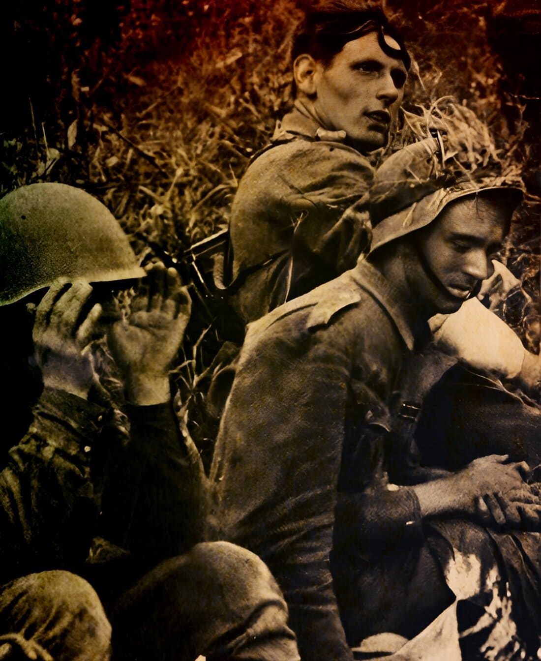 Soldiers resting in a field after battle, historical black and white photograph, military personnel taking a break, war history, soldiers with helmets and gear, vintage wartime scene, archival military image, past daily sound archive, historical news and music photography, documentary warfare imagery.